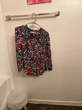 LOFT Navy Floral V-Neck Blouse with Red, Yellow & Pink Flowers